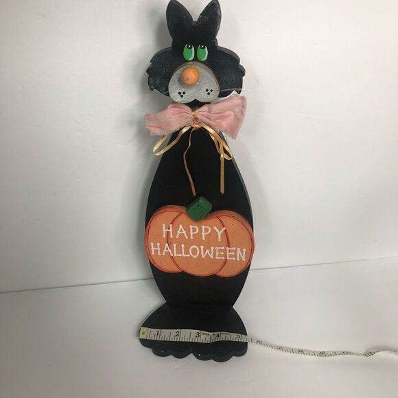 vintage hand made folk art wooden cut out halloween black cat decoration 15.5 in - Picture 9 of 9